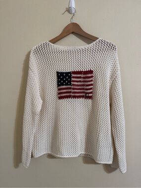 Polo Ralph Lauren Patchwork American Flag Sweater USA Knit Crewneck Cream M